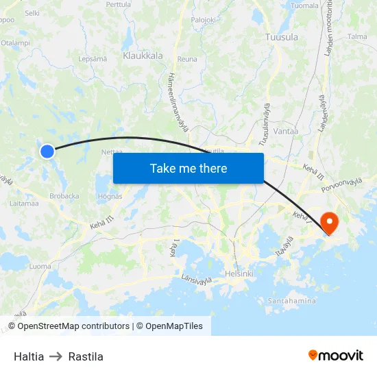 Haltia to Rastila map