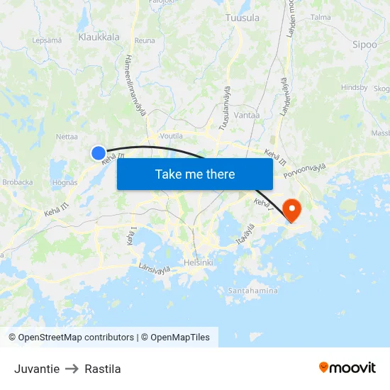 Juvantie to Rastila map