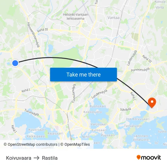 Koivuvaara to Rastila map