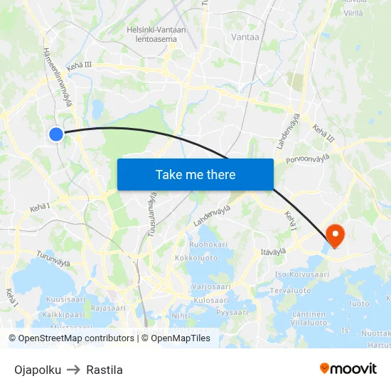 Ojapolku to Rastila map