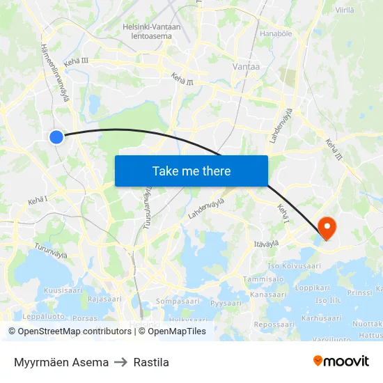 Myyrmäki Station to Rastila map