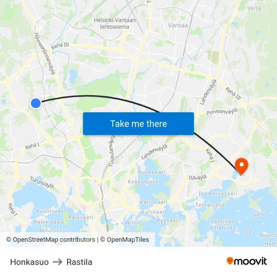 Honkasuo to Rastila map
