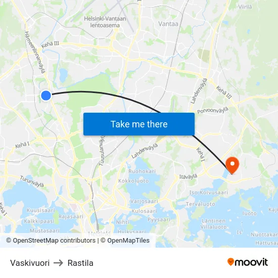 Vaskivuori to Rastila map