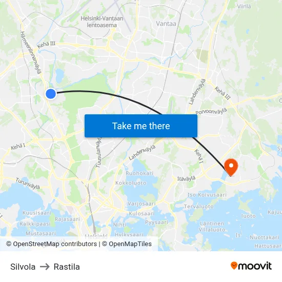 Silvola to Rastila map