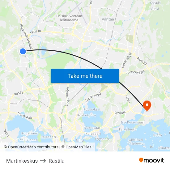 Martin Center to Rastila map