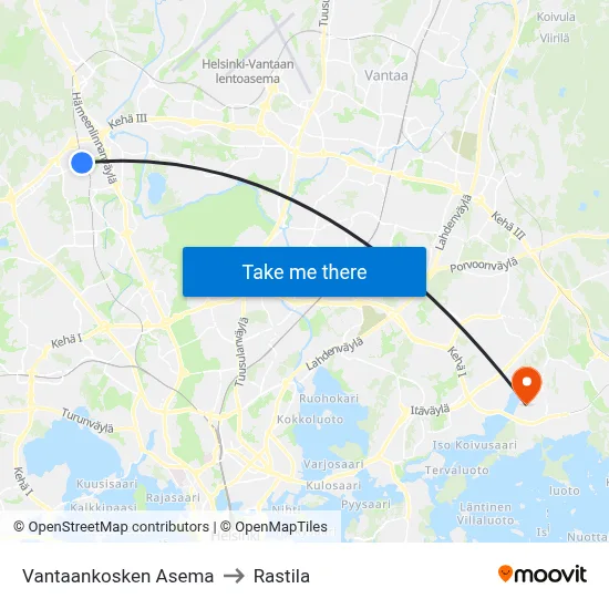 Vantaankoski Station to Rastila map