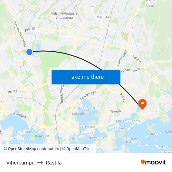 Viherkumpu to Rastila map
