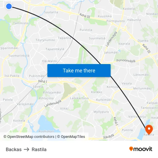 Backas to Rastila map