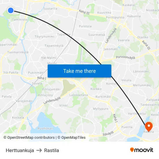 Herttuankuja to Rastila map