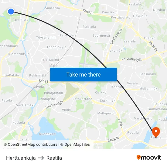 Herttuankuja to Rastila map