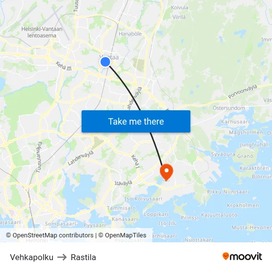 Vehkapolku to Rastila map