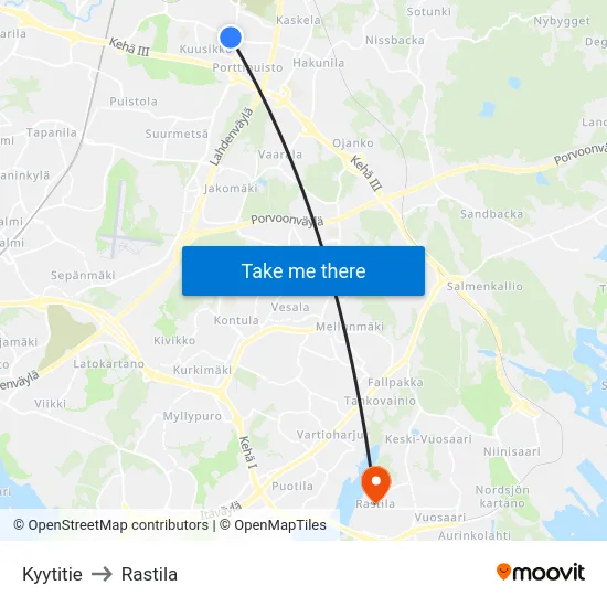 Kyytitie to Rastila map