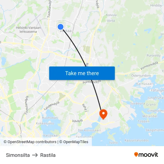 Simonsilta to Rastila map