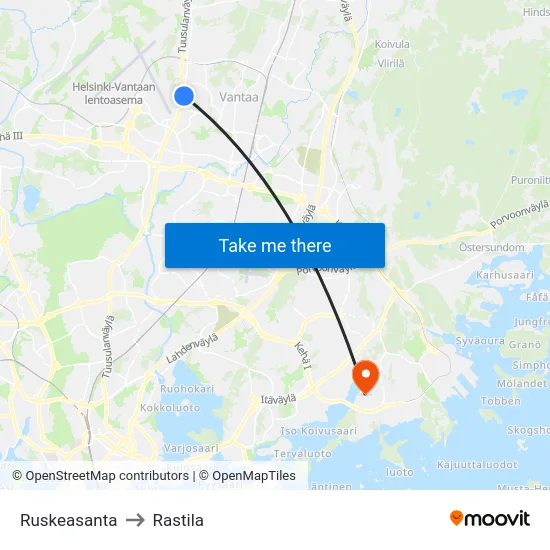 Ruskeasanta to Rastila map