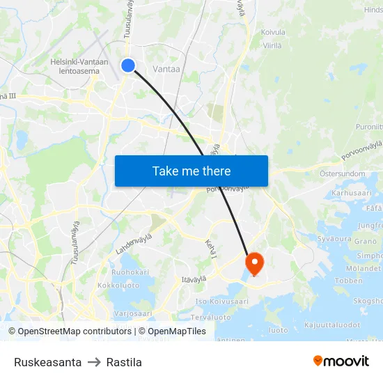 Ruskeasanta to Rastila map