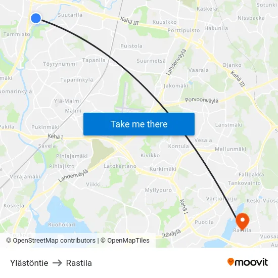 Ylästöntie to Rastila map