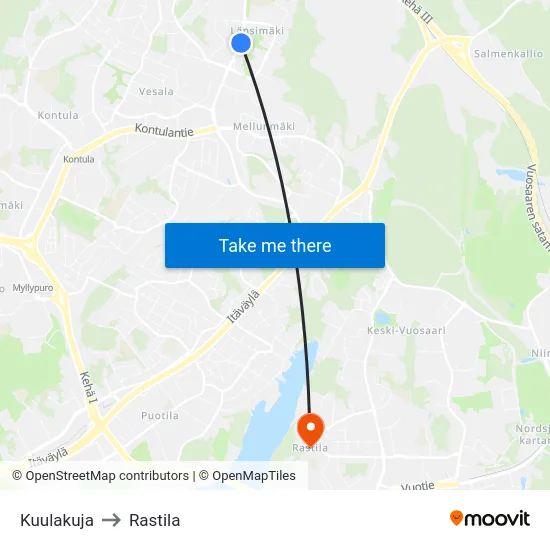Kuulakuja to Rastila map