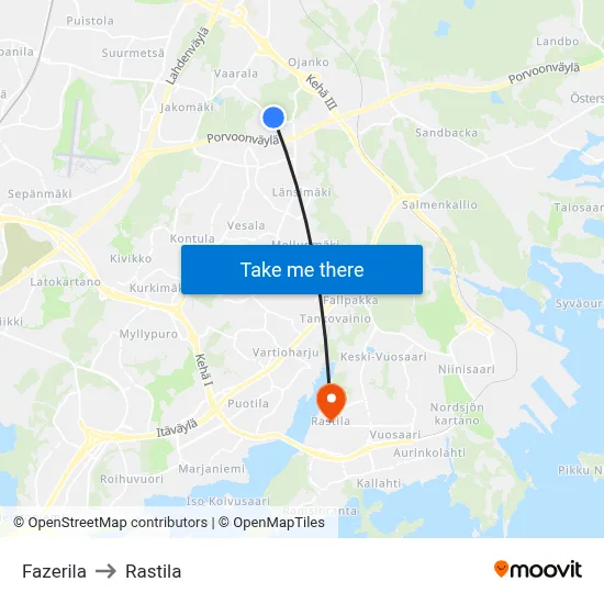 Fazerila to Rastila map
