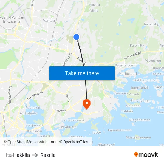 Itä-Hakkila to Rastila map