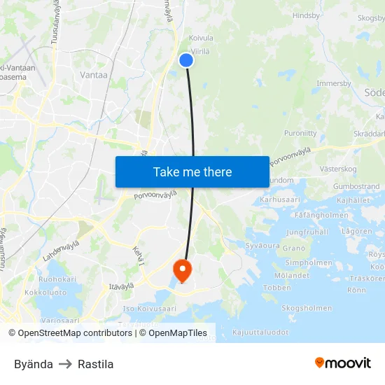 Byända to Rastila map
