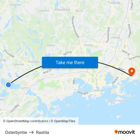 Österbyntie to Rastila map