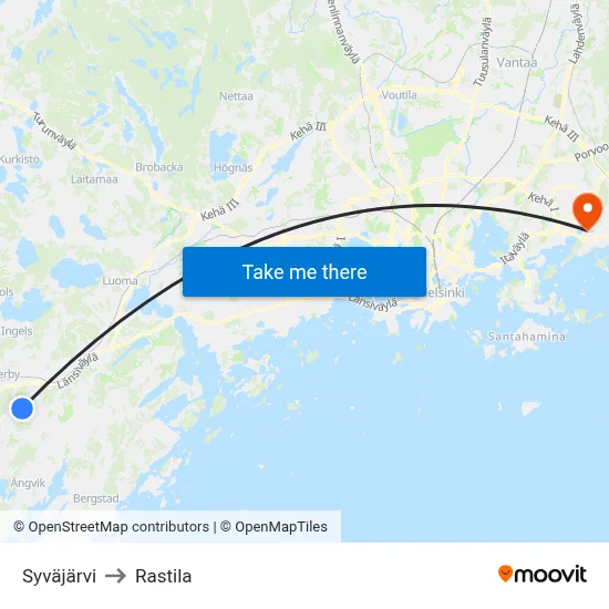 Syväjärvi to Rastila map