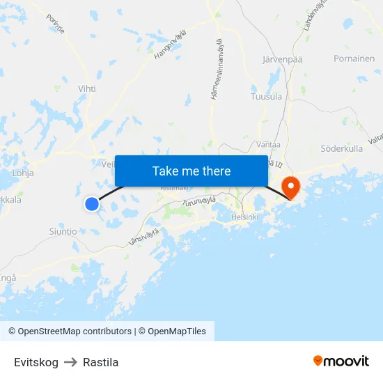 Evitskog to Rastila map