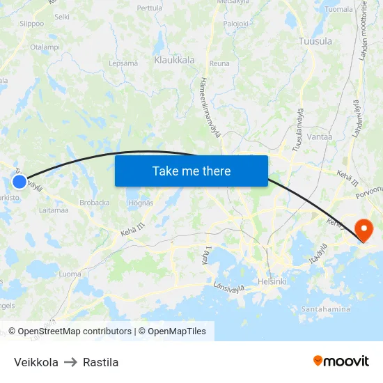 Veikkola to Rastila map
