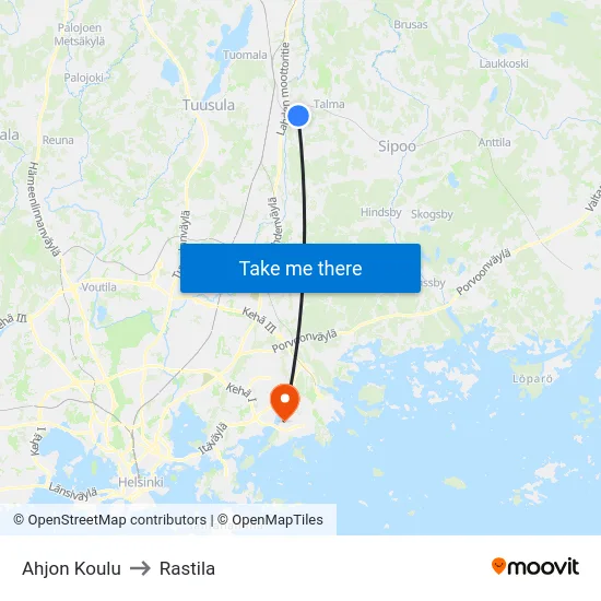 Ahjon Koulu to Rastila map