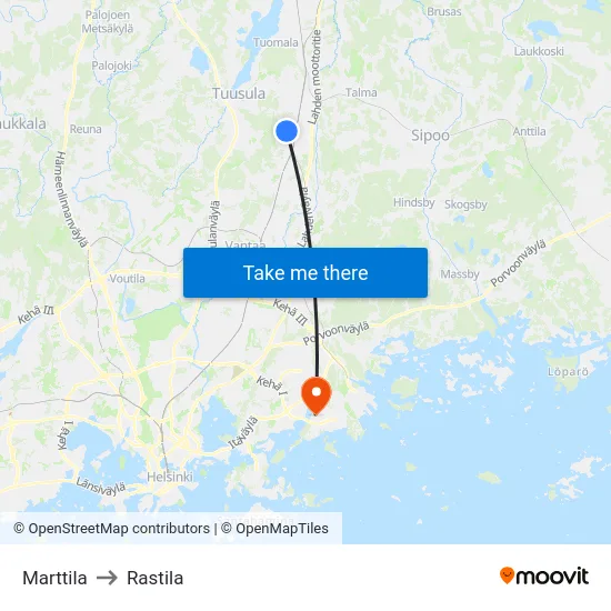 Marttila to Rastila map