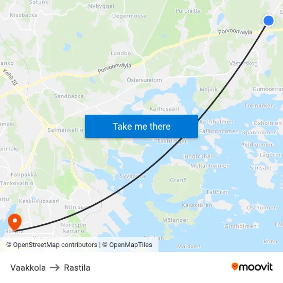 Vaakkola to Rastila map