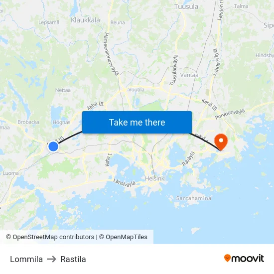 Lommila to Rastila map