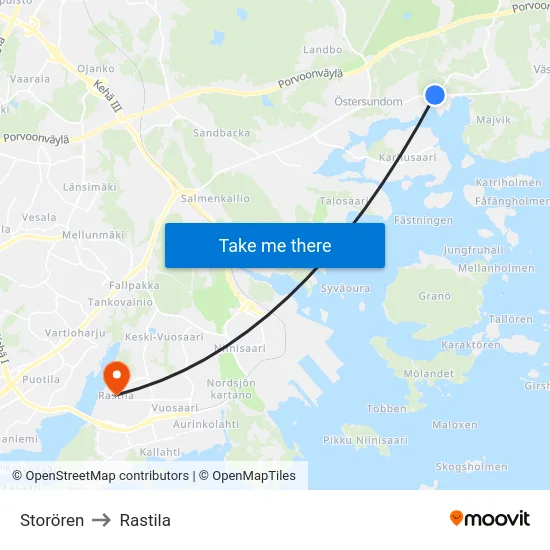 Storören to Rastila map