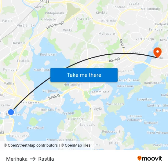 Merihaka to Rastila map