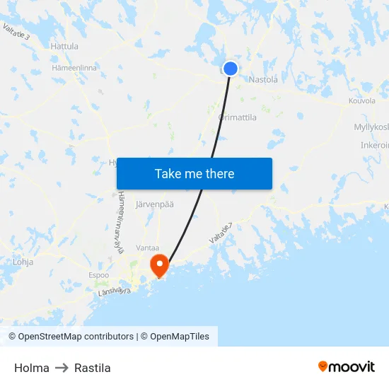 Holma to Rastila map