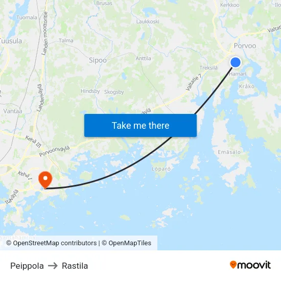 Peippola to Rastila map