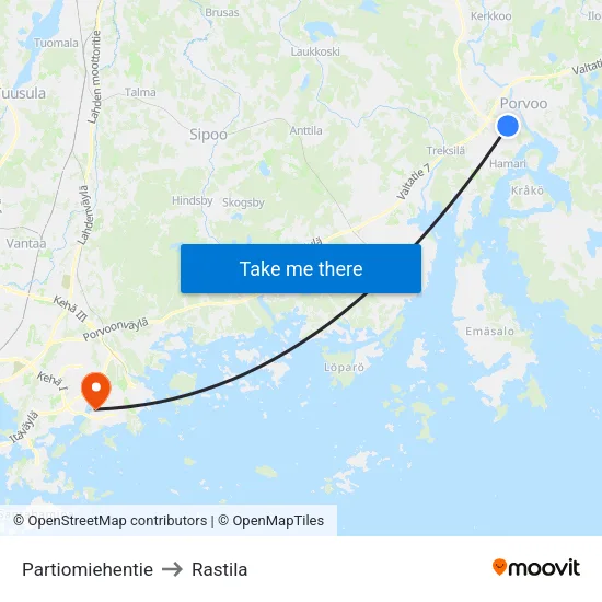 Partiomiehentie to Rastila map