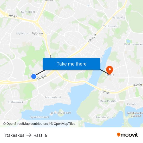 Itäkeskus to Rastila map