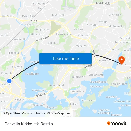 Paavalin Kirkko to Rastila map