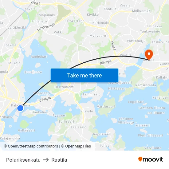 Polariksenkatu to Rastila map