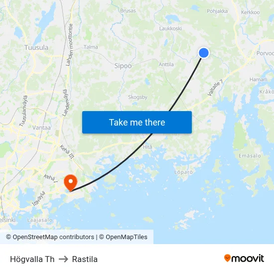 Högvalla Junction to Rastila map