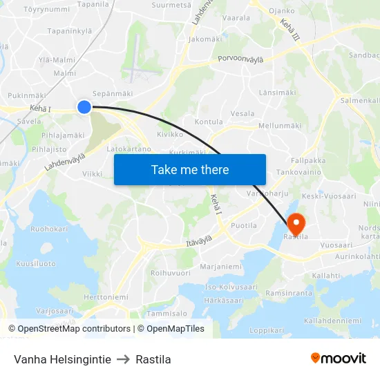 Vanha Helsingintie to Rastila map
