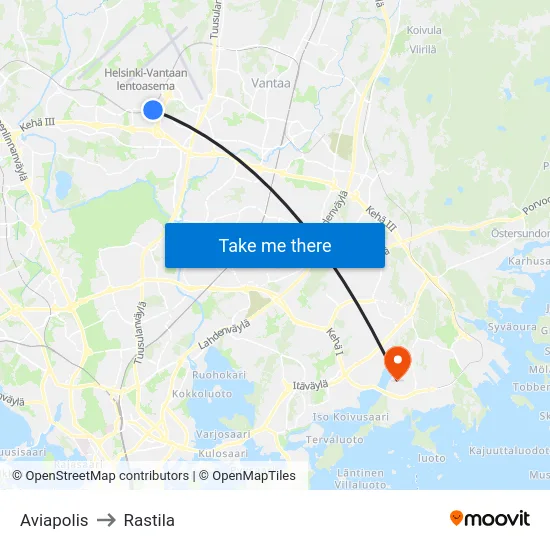 Aviapolis to Rastila map