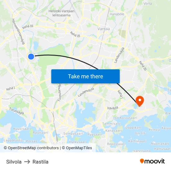 Silvola to Rastila map