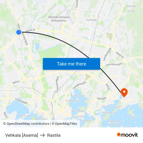 Vehkala [Asema] to Rastila map