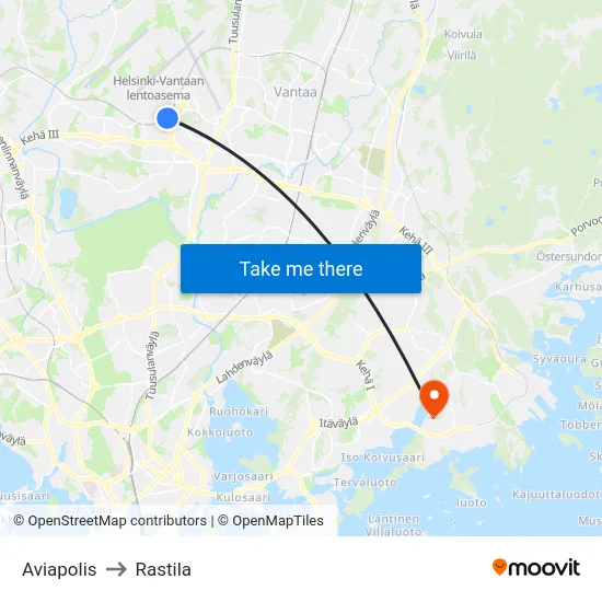 Aviapolis to Rastila map