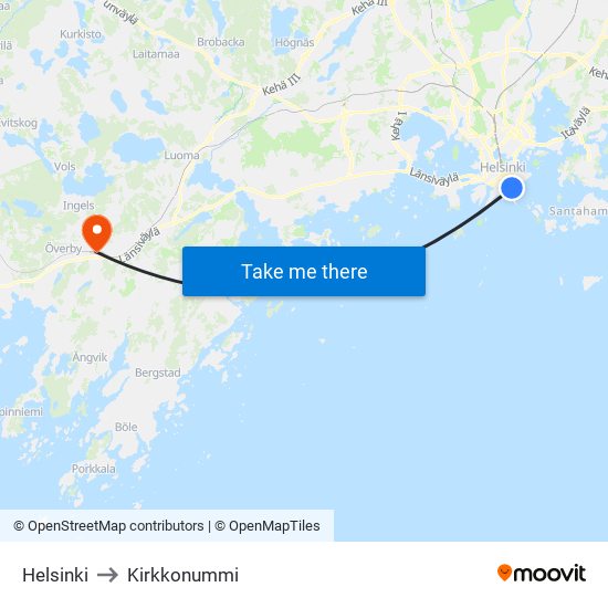 Helsinki to Kirkkonummi map
