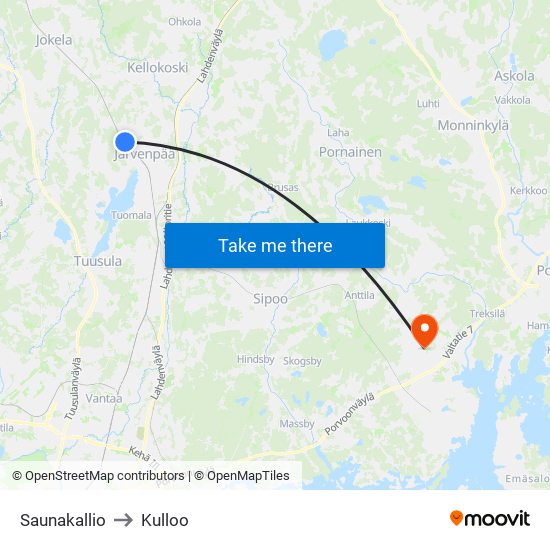 Saunakallio to Kulloo map