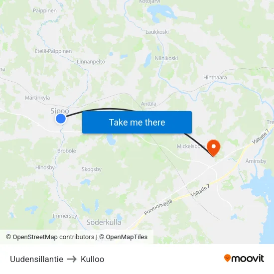 Uudensillantie to Kulloo map