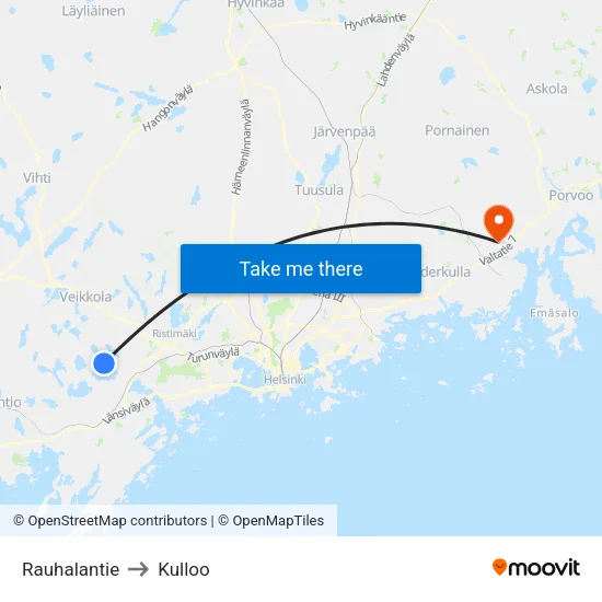 Rauhalantie to Kulloo map